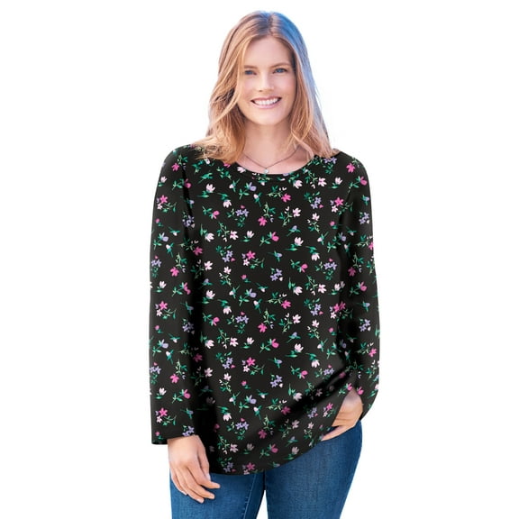 Woman Within Plus Size Perfect Printed Long-Sleeve V-Neck Tee