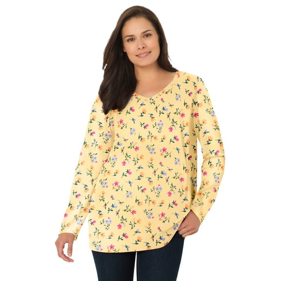 Woman Within Plus Size Perfect Printed Long-Sleeve V-Neck Tee