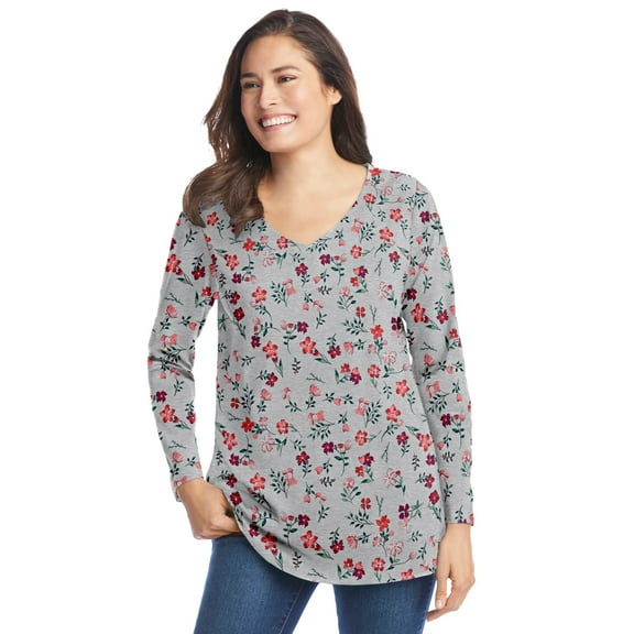 Woman Within Plus Size Perfect Printed Long-Sleeve V-Neck Tee