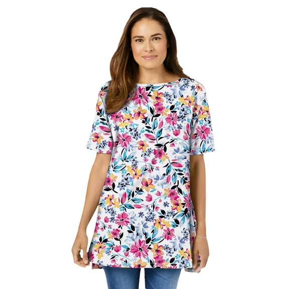 Woman Within Plus Size Perfect Printed Short-Sleeve Boatneck Tunic
