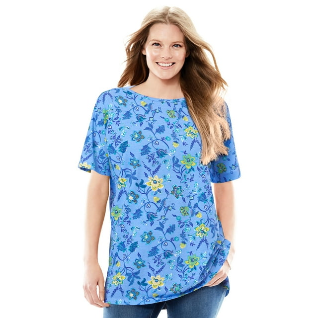 Woman Within Plus Size Perfect Printed Short-Sleeve Boatneck Tunic