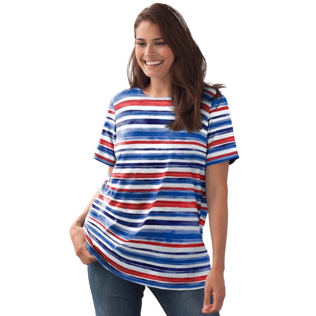 Woman Within Womens Plus Size Perfect Printed Short Sleeve Crewneck Tee 3x Bright Cobalt 0420