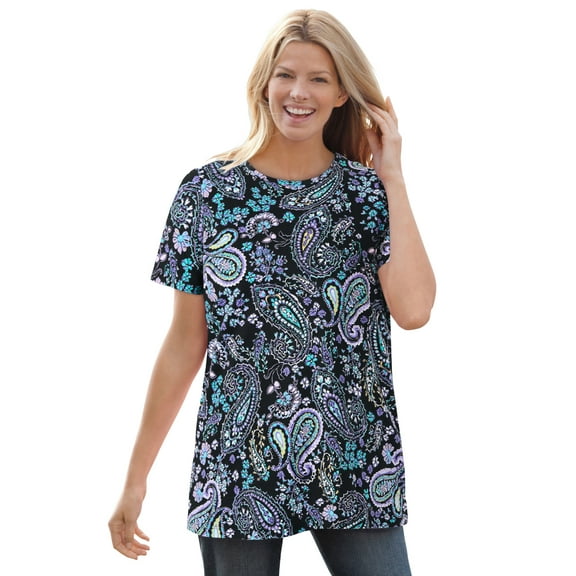 Woman Within Plus Size Perfect Printed Short-Sleeve Crewneck Tee