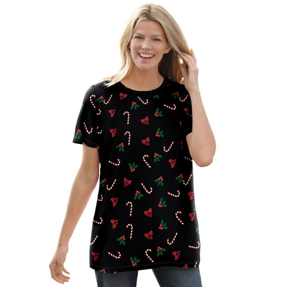 Woman Within Plus Size Perfect Printed Short-Sleeve Crewneck Tee