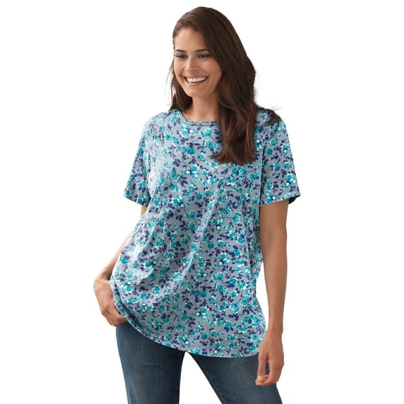 Woman Within Plus Size Perfect Printed Short-Sleeve Crewneck Tee