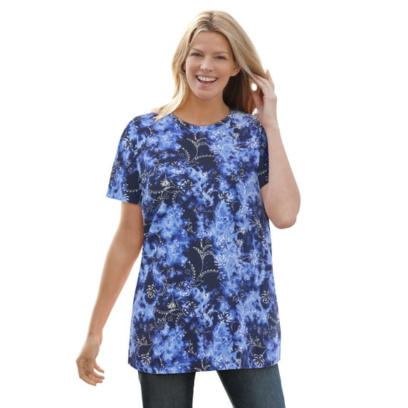 Woman Within Plus Size Perfect Printed Short-Sleeve Crewneck Tee