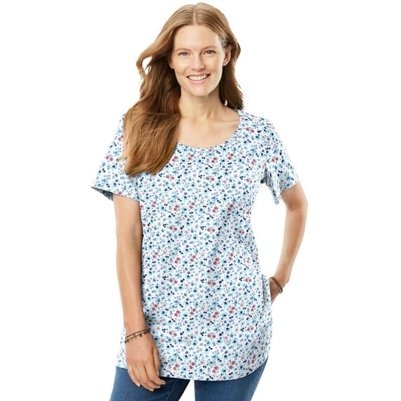 Woman Within Plus Size Perfect Printed Short-Sleeve Scoopneck Tee