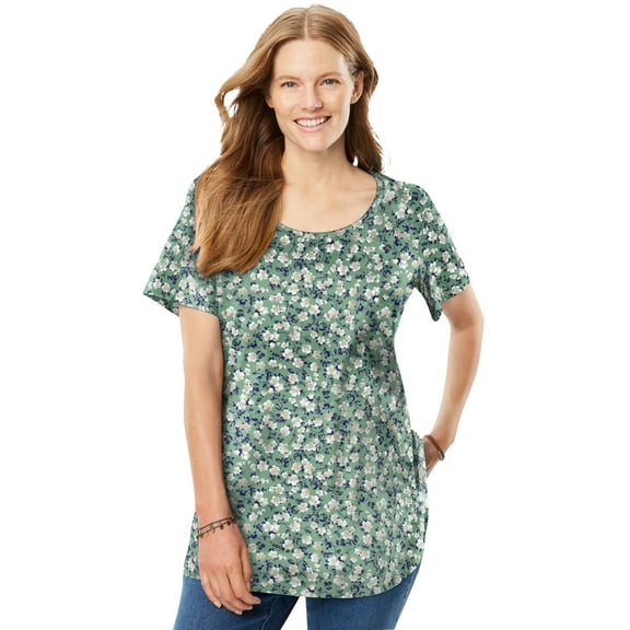 Woman Within Plus Size Perfect Printed Short-Sleeve Scoopneck Tee