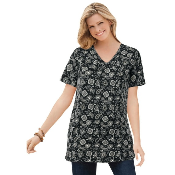 Woman Within Women's Plus Size Perfect Printed Short-Sleeve Shirred V-Neck Tunic