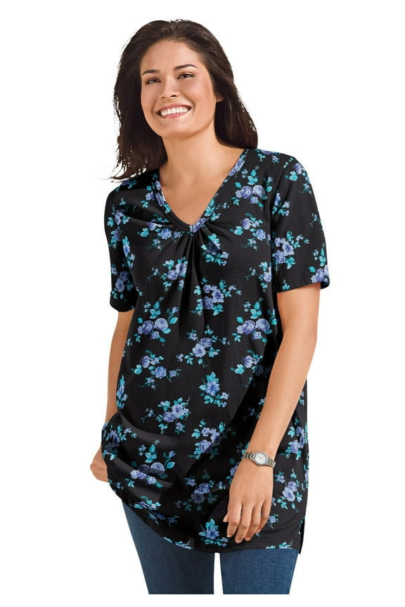 Plus Size Perfect Printed Short-Sleeve Shirred V-Neck Tunic