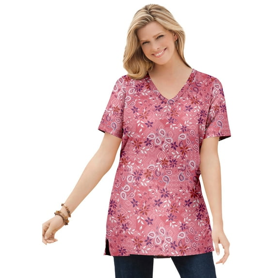 Woman Within Plus Size Perfect Printed Short-Sleeve Shirred V-Neck Tunic