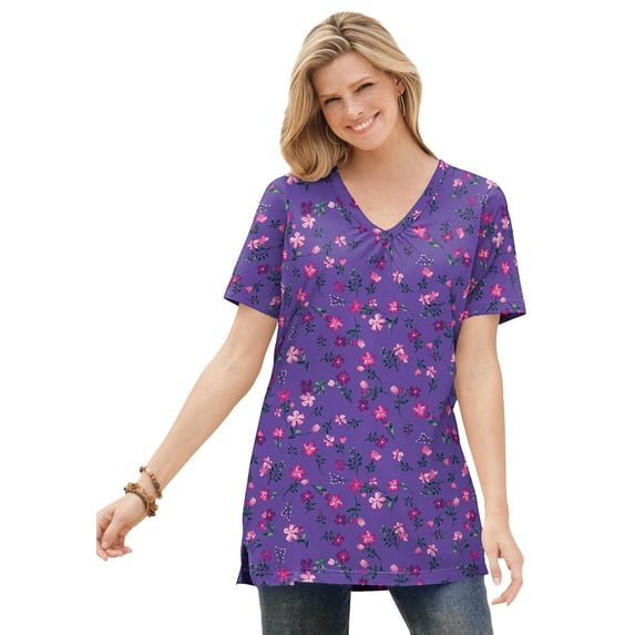Woman Within Plus Size Perfect Printed Short-Sleeve Shirred V-Neck Tunic