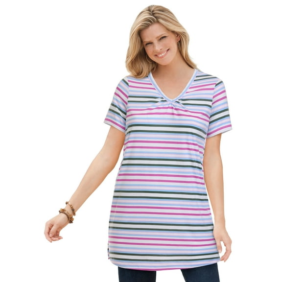 Woman Within Plus Size Perfect Printed Short-Sleeve Shirred V-Neck Tunic