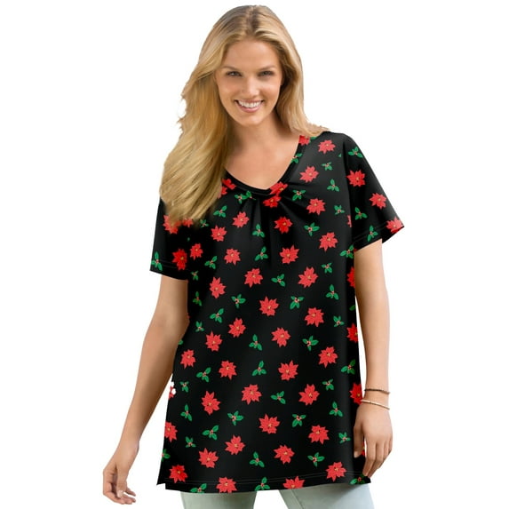 Woman Within Plus Size Perfect Printed Short-Sleeve Shirred V-Neck Tunic