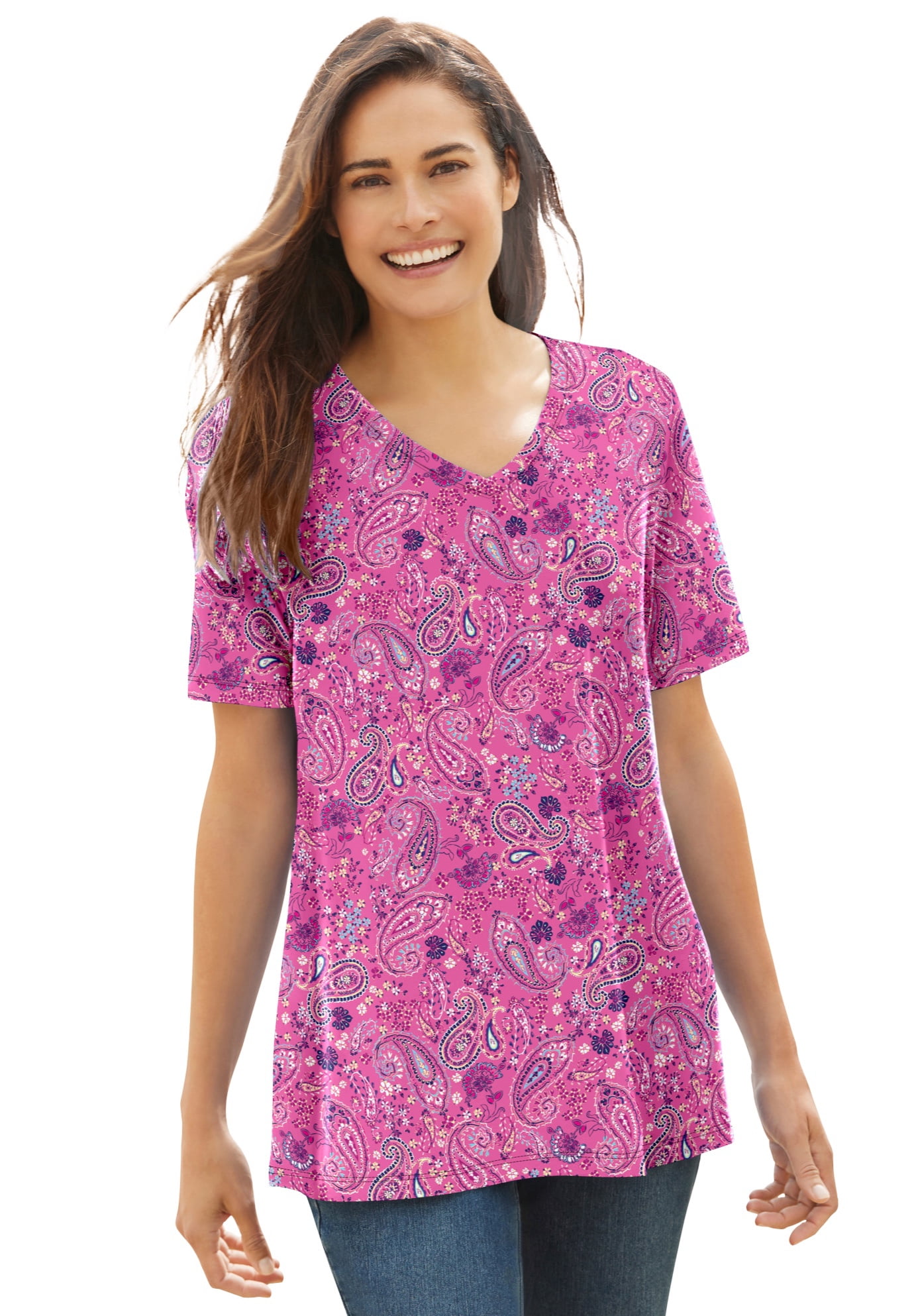 Woman Within Women's Plus Size Perfect Printed ShortSleeve VNeck Tee