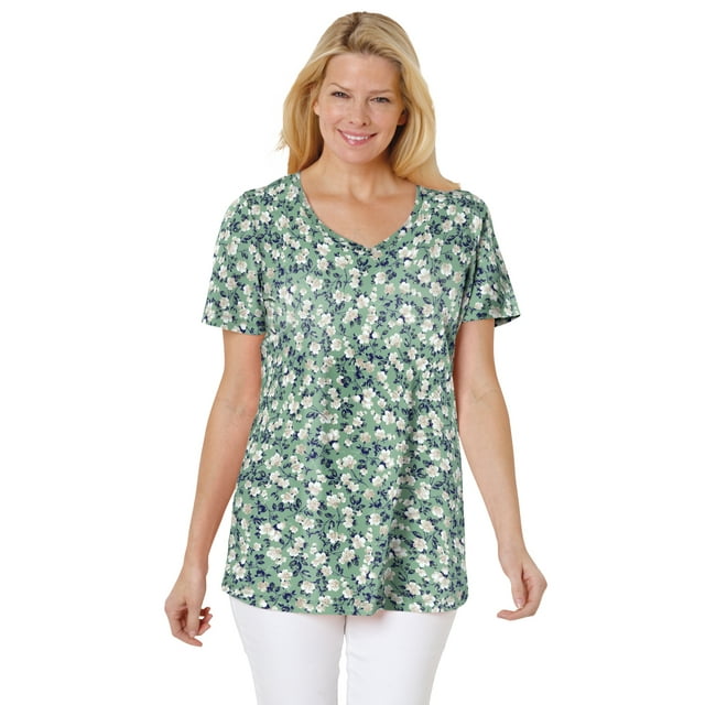 Woman Within Womens Plus Size Perfect Printed Short Sleeve V Neck Tee Shirt 9048