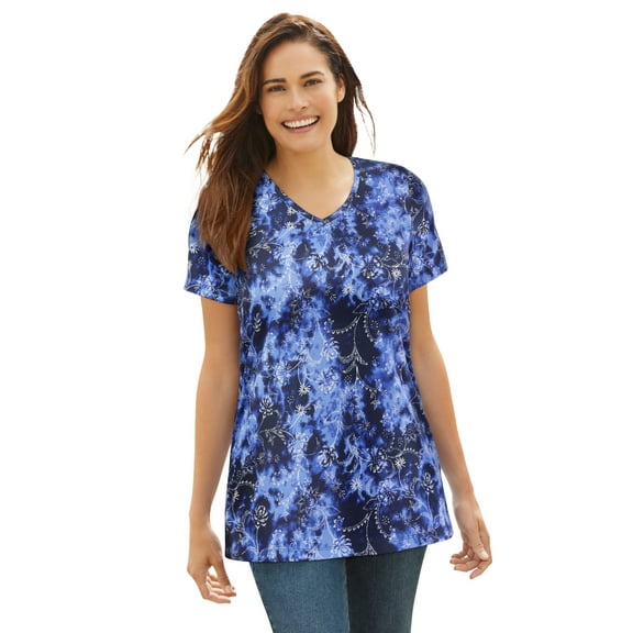 Woman Within Plus Size Perfect Printed Short-Sleeve V-Neck Tee