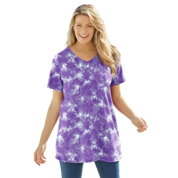 Woman Within Plus Size Perfect Printed Short-Sleeve V-Neck Tunic