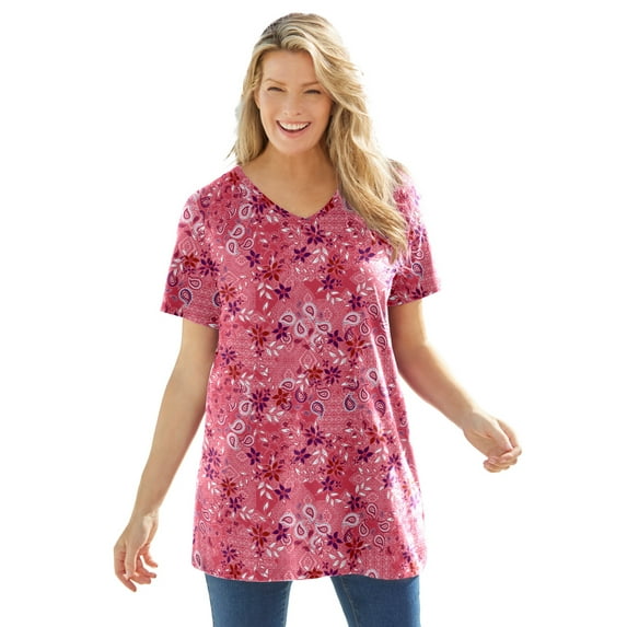 Woman Within Plus Size Perfect Printed Short-Sleeve V-Neck Tunic