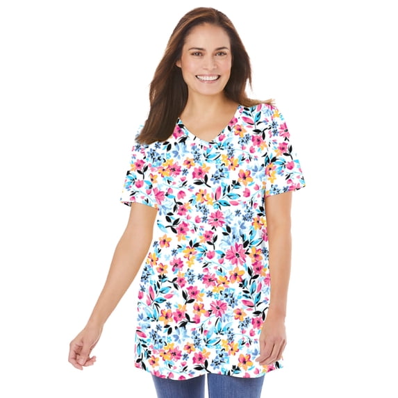 Woman Within Plus Size Perfect Printed Short-Sleeve V-Neck Tunic