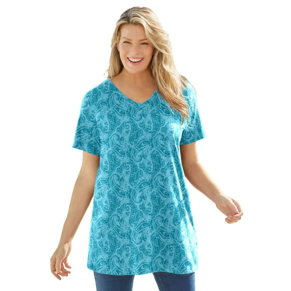 Woman Within Plus Size Perfect Printed Short-Sleeve V-Neck Tunic