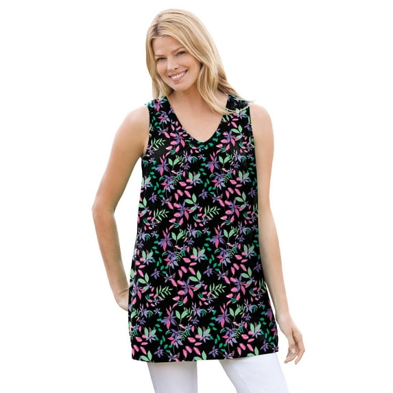 Woman Within Plus Size Perfect Printed Sleeveless Shirred V-Neck Tunic