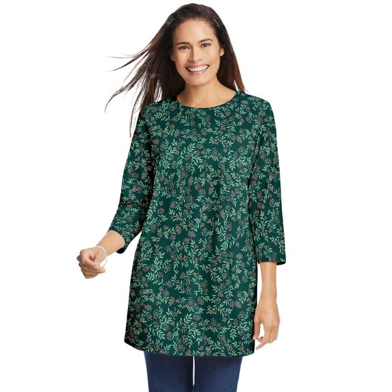 Woman Within Plus Size Perfect Printed Three-Quarter Sleeve Crewneck Tunic