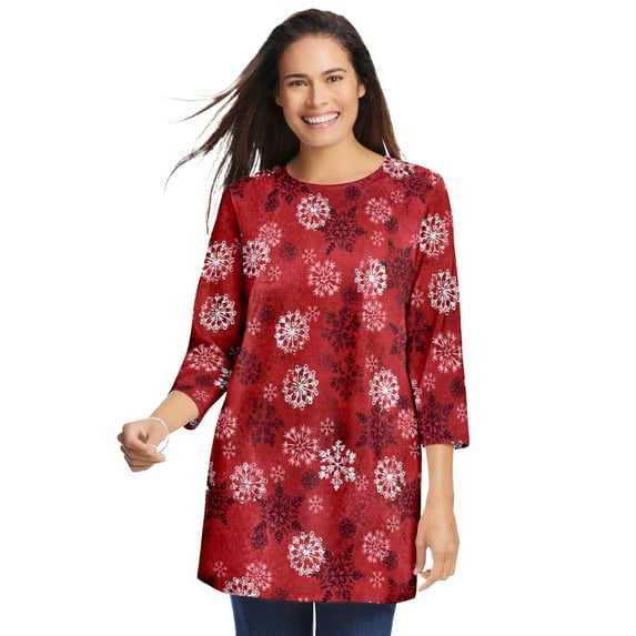 Woman Within Plus Size Perfect Printed Three-Quarter Sleeve Crewneck Tunic