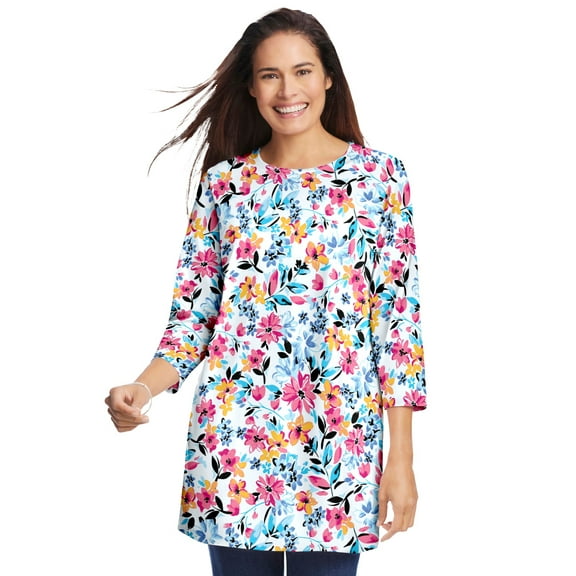 Woman Within Plus Size Perfect Printed Three-Quarter Sleeve Crewneck Tunic