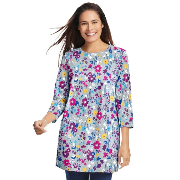 Woman Within Plus Size Perfect Printed Three-Quarter Sleeve Crewneck Tunic