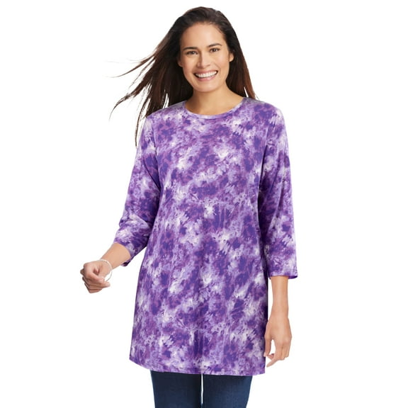 Woman Within Plus Size Perfect Printed Three-Quarter Sleeve Crewneck Tunic
