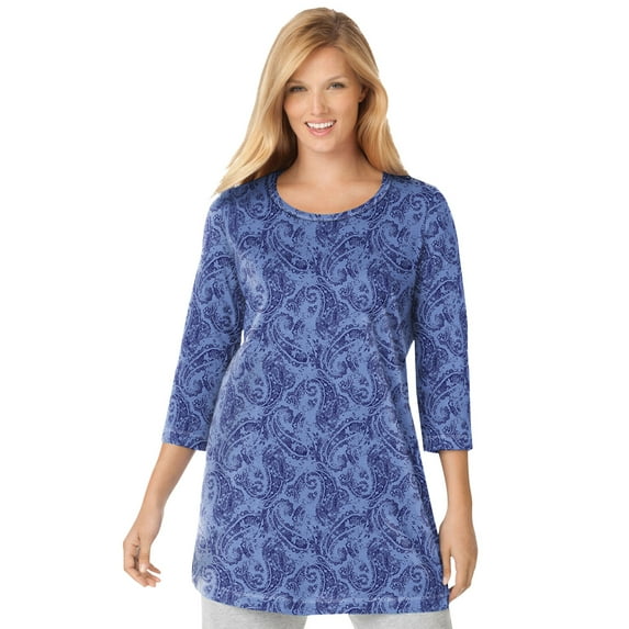 Woman Within Plus Size Perfect Printed Three-Quarter-Sleeve Scoopneck Tunic