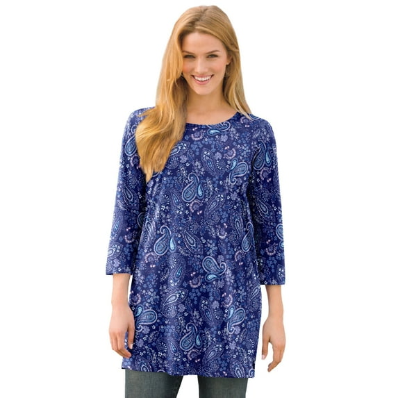 Woman Within Plus Size Perfect Printed Three-Quarter-Sleeve Scoopneck Tunic