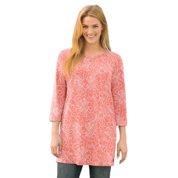 Woman Within Plus Size Perfect Printed Three-Quarter-Sleeve Scoopneck Tunic