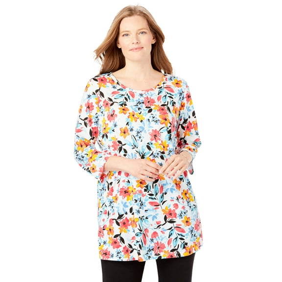 Woman Within Plus Size Perfect Printed Three-Quarter-Sleeve Scoopneck Tunic