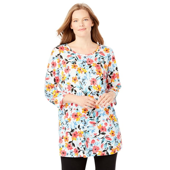 Woman Within Plus Size Perfect Printed Three-Quarter-Sleeve Scoopneck Tunic