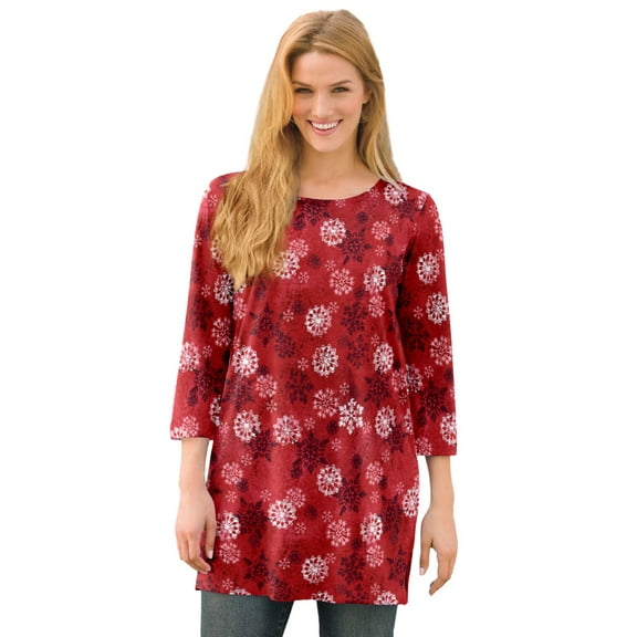 Woman Within Plus Size Perfect Printed Three-Quarter-Sleeve Scoopneck Tunic