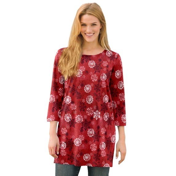 Woman Within Plus Size Perfect Printed Three-Quarter-Sleeve Scoopneck Tunic
