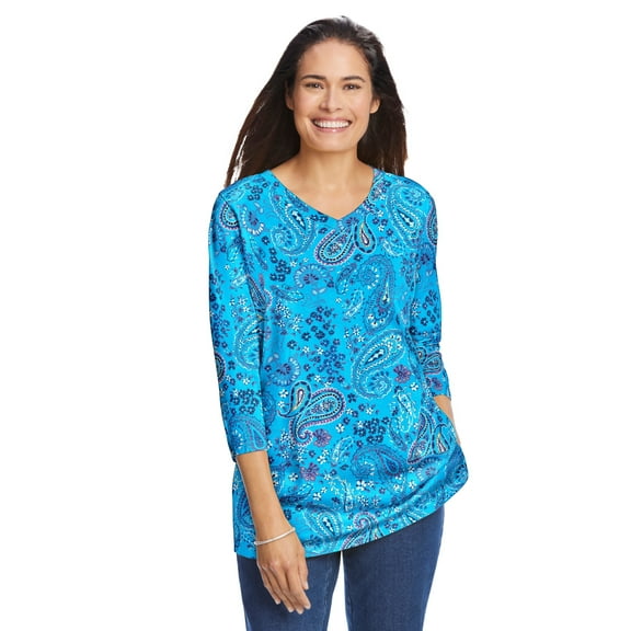 Woman Within Plus Size Perfect Printed Three-Quarter Sleeve V-Neck Tee