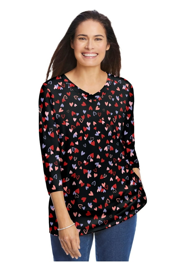Plus Size Perfect Printed Three-Quarter Sleeve V-Neck Tee