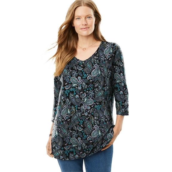 Woman Within Plus Size Perfect Printed Three-Quarter Sleeve V-Neck Tee