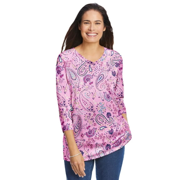 Woman Within Plus Size Perfect Printed Three-Quarter Sleeve V-Neck Tee
