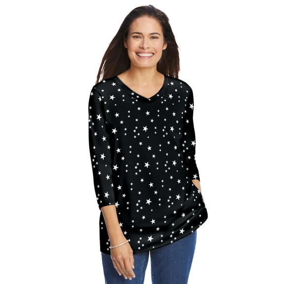Woman Within Plus Size Perfect Printed Three-Quarter Sleeve V-Neck Tee
