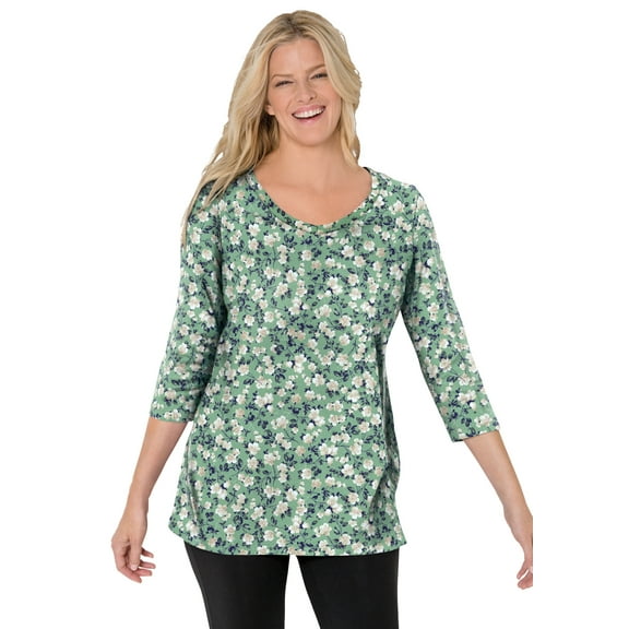 Woman Within Plus Size Perfect Printed Three-Quarter Sleeve V-Neck Tee