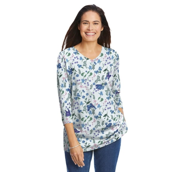Woman Within Plus Size Perfect Printed Three-Quarter Sleeve V-Neck Tee