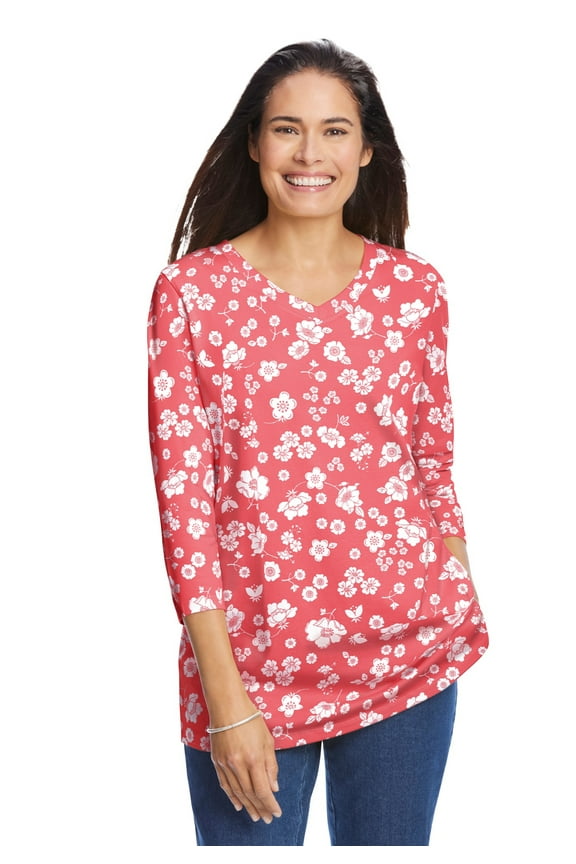 Plus Size Perfect Printed Three-Quarter Sleeve V-Neck Tee
