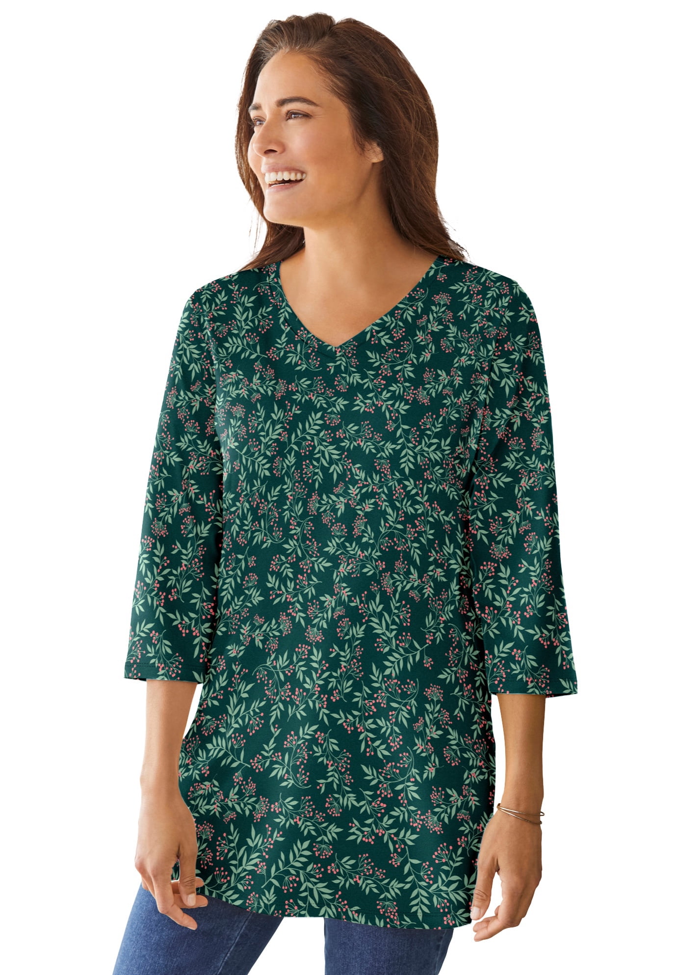 MULTIPLES Women's Three-Quarter Sleeve V-Neck Tunic Top With Embellishment - Slimsation Tummy Control Panel, Missy & Plus Sizes - View #3