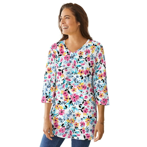 Woman Within Plus Size Perfect Printed Three-Quarter-Sleeve V-Neck Tunic