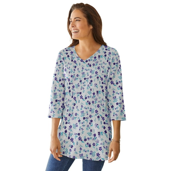 Woman Within Plus Size Perfect Printed Three-Quarter-Sleeve V-Neck Tunic