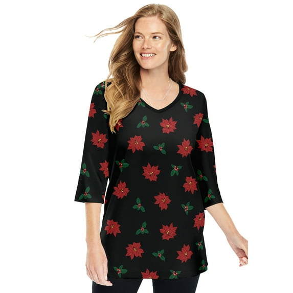 Woman Within Plus Size Perfect Printed Three-Quarter-Sleeve V-Neck Tunic
